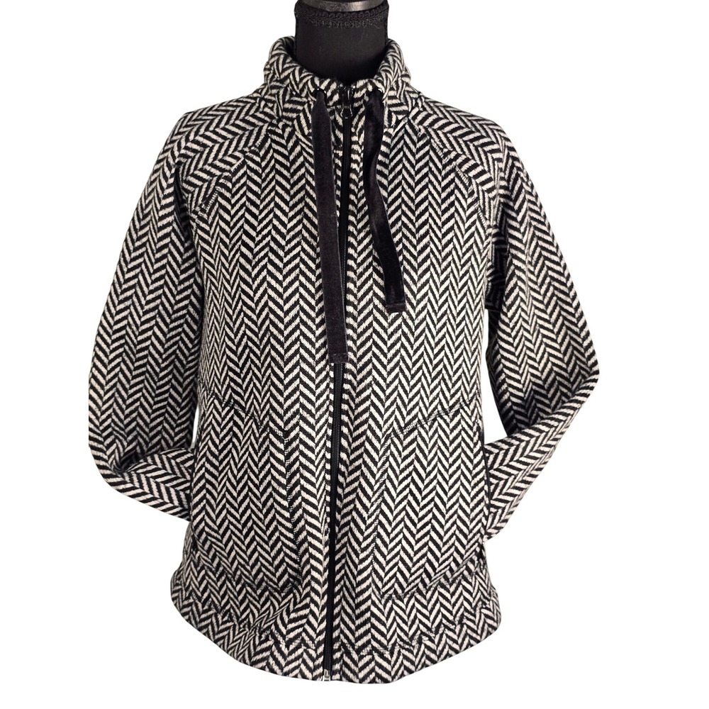 T by Talbots Womens MP Black White Herringbone Full Zip Fleece Jacket Preppy